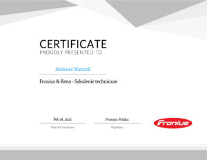 Certyfikat ukończenia szkolenia technicznego z zakresu instalacji fotowoltaiki kraków