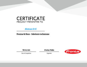 Certyfikat instalatora fotowoltaiki i oprzyrządowania technicznego Mateusz Król