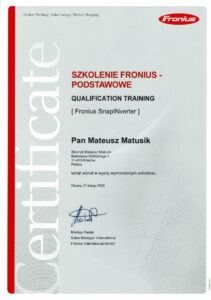 Certyfikat ukończenia szkolenia z instalacji fotowoltaiki