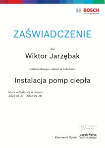 Zaświadczenie autoryzowanego montera instalacji pomp ciepła