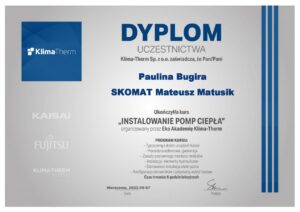 Certyfikat ukończenia szkolenia na montera pomp ciepła HVACR