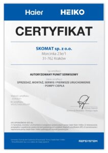 Certyfikat autoryzowanego montera i sprzedawcy pomp ciepła