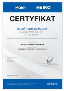 Certyfikat autoryzowanego montera i sprzedawcy pomp ciepła