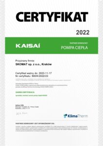 Certyfikat autoryzowanego sprzedawcy, montera pomp ciepła Kaisai