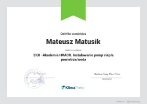 Certyfikat autoryzowanego montera pomp ciepła powietrze woda dla Skomat