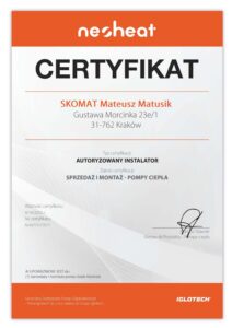 Certyfikat akredytowanego instalatora NeoHeat dla Skomat