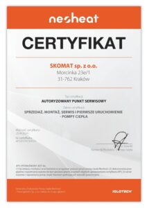 Certyfikat autoryzowanego serwisanta, montera pomp ciepła dla Skomat